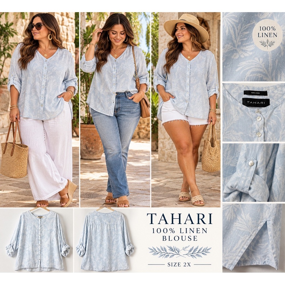 Tahari 100% Linen Blue White Leaf Print Button Down Tunic Top Plus Size 2X
